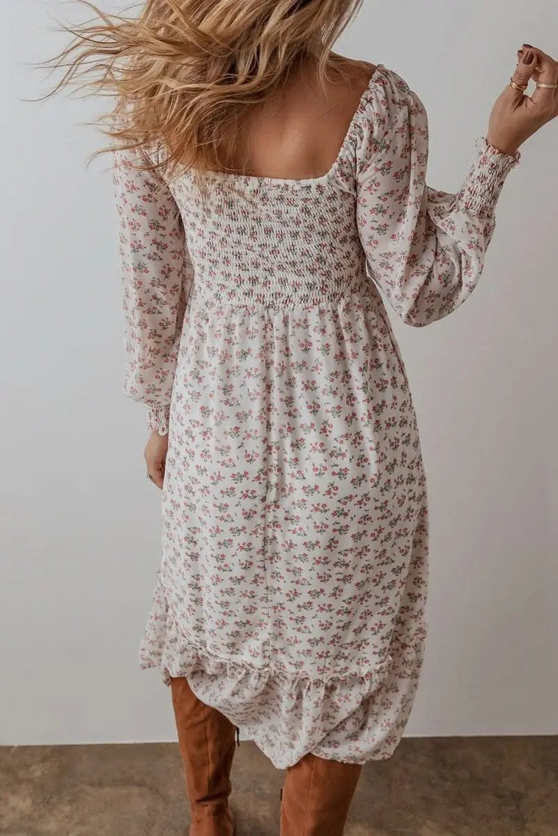 White Floral Print Shirred Ruffled Hem Square Neck Midi Dress - Love Salve